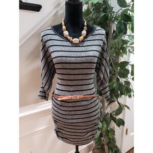 Women's Black & Gray Cotton Belted Long Sleeve Knee Length Dress Size Large